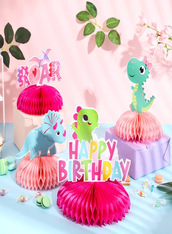 Fangleland Pink Dinosaur Honeycomb Centerpieces, Little Dinosaur Three Rex Roar Birthday Table Topper Decorations for Girl’s T-Rex Themed 3rd Birthday Party Supplies - Image 2