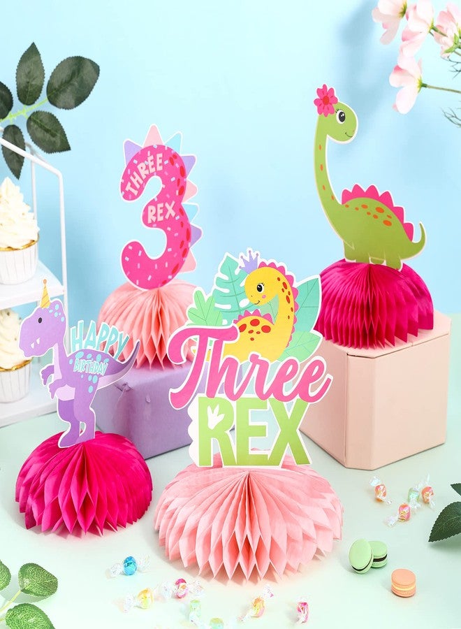 Fangleland Pink Dinosaur Honeycomb Centerpieces, Little Dinosaur Three Rex Roar Birthday Table Topper Decorations for Girl’s T-Rex Themed 3rd Birthday Party Supplies - Image 3