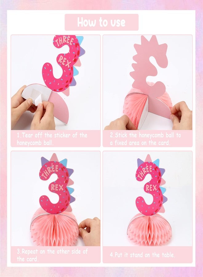 Fangleland Pink Dinosaur Honeycomb Centerpieces, Little Dinosaur Three Rex Roar Birthday Table Topper Decorations for Girl’s T-Rex Themed 3rd Birthday Party Supplies - Image 5