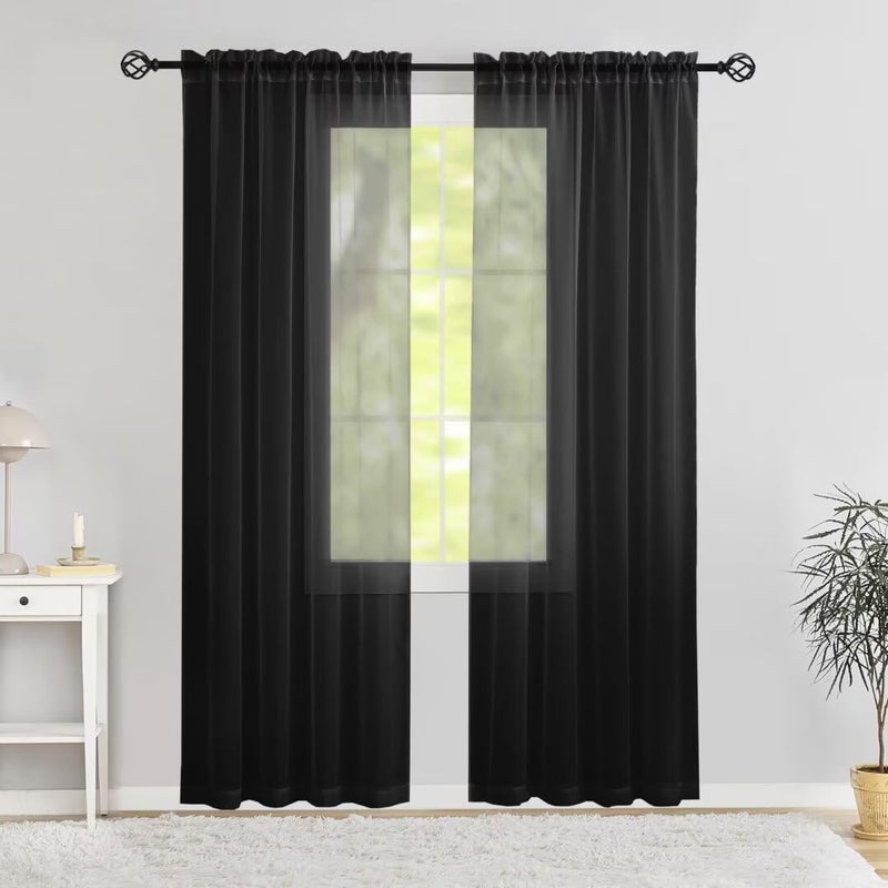 Karseteli Semi Voile Sheer Curtains 84 Inches Long 2 Panels Rod Pocket Window Treatment for Living Room Bedroom Dining Room(Black 42"" W x 84"" L) - Image 1