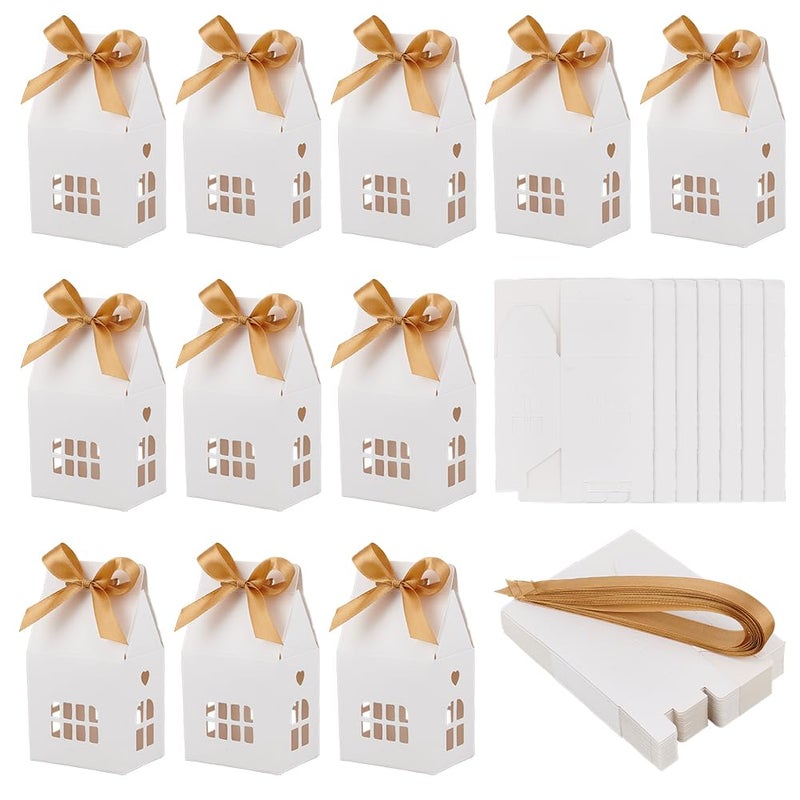NBEADS 24 Pcs House Shaped Party Boxes, 2.83x2.04x4.92 Inch Candy Gift Case with Polyester Ribbon Hollow Cardboard Paper Treat Boxes with Small Windows for Dessert Wedding Wrapping, White - Image 1