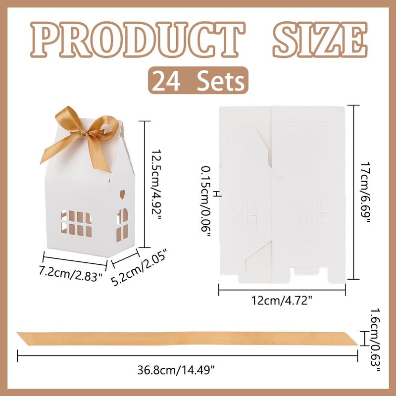 NBEADS 24 Pcs House Shaped Party Boxes, 2.83x2.04x4.92 Inch Candy Gift Case with Polyester Ribbon Hollow Cardboard Paper Treat Boxes with Small Windows for Dessert Wedding Wrapping, White - Image 2
