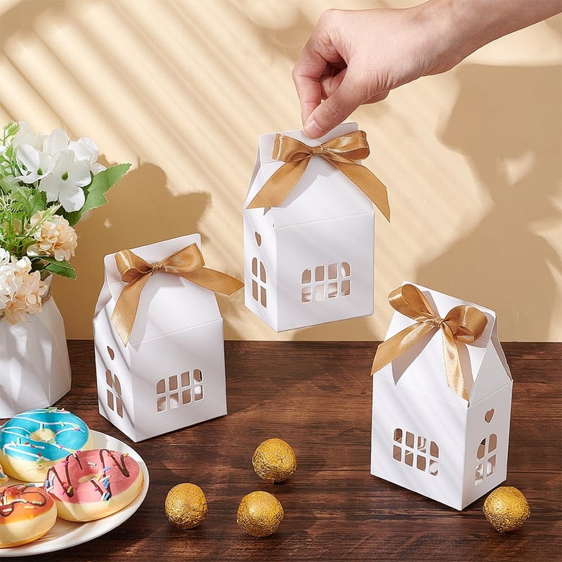 NBEADS 24 Pcs House Shaped Party Boxes, 2.83x2.04x4.92 Inch Candy Gift Case with Polyester Ribbon Hollow Cardboard Paper Treat Boxes with Small Windows for Dessert Wedding Wrapping, White - Image 3