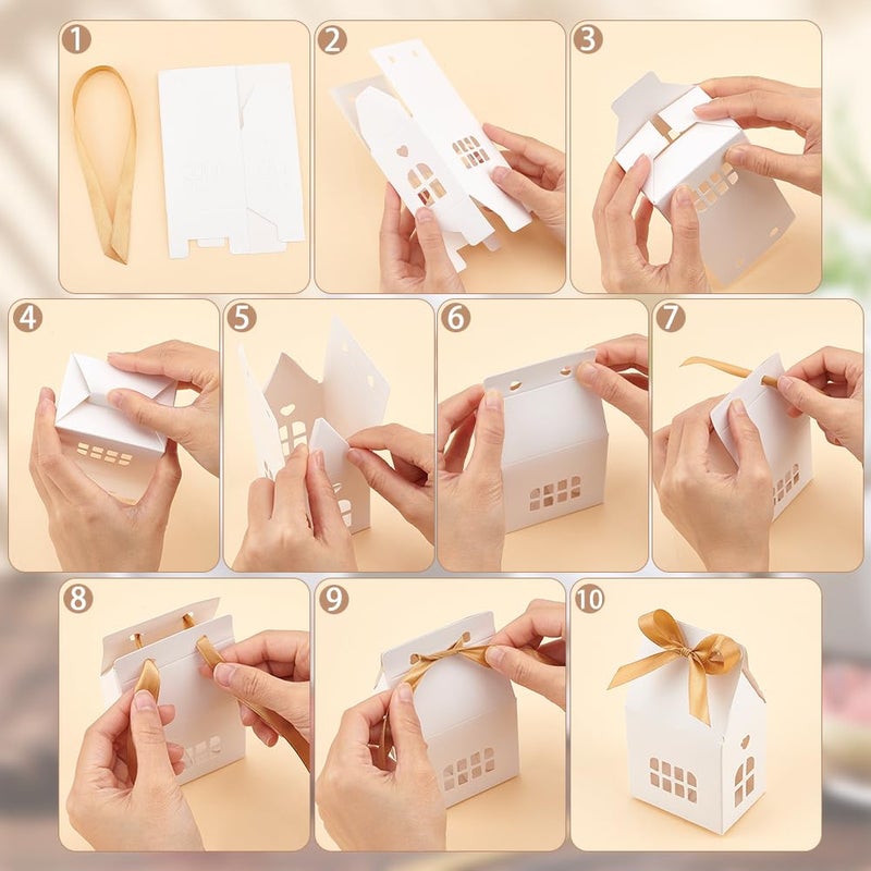 NBEADS 24 Pcs House Shaped Party Boxes, 2.83x2.04x4.92 Inch Candy Gift Case with Polyester Ribbon Hollow Cardboard Paper Treat Boxes with Small Windows for Dessert Wedding Wrapping, White - Image 5