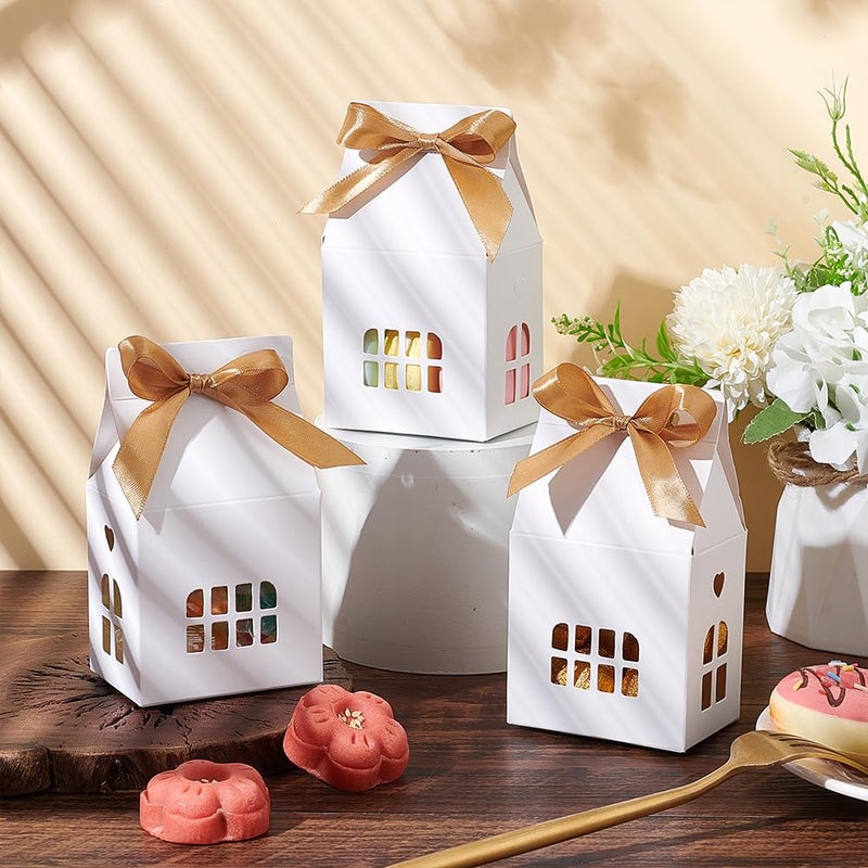 NBEADS 24 Pcs House Shaped Party Boxes, 2.83x2.04x4.92 Inch Candy Gift Case with Polyester Ribbon Hollow Cardboard Paper Treat Boxes with Small Windows for Dessert Wedding Wrapping, White - Image 4