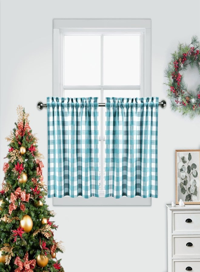 Amzdecor Buffalo Check Tier Curtains for Kitchen, Thick Yarn Dyed Buffalo Plaid Gingham Rod Pocket Farmhouse Cafe Bathroom Drapes, Short Kitchen Window Curtains, 28" W x 24" L, Teal/White, Set of 2 - Image 1
