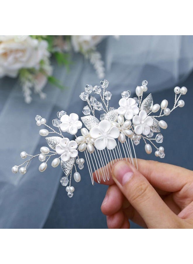 Foyte Crystal Wedding Hair Comb White Flower Headpiece Rhinestone Hair Piece Bride Pearl Hair Accessories for Women and Bride (silver) - Image 1
