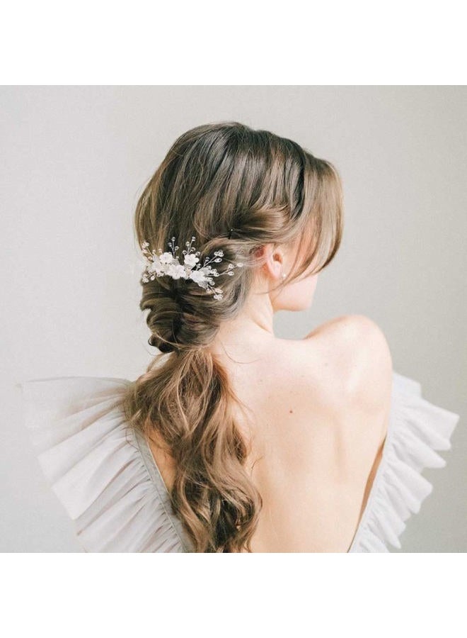Foyte Crystal Wedding Hair Comb White Flower Headpiece Rhinestone Hair Piece Bride Pearl Hair Accessories for Women and Bride (silver) - Image 4