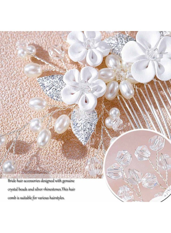 Foyte Crystal Wedding Hair Comb White Flower Headpiece Rhinestone Hair Piece Bride Pearl Hair Accessories for Women and Bride (silver) - Image 5