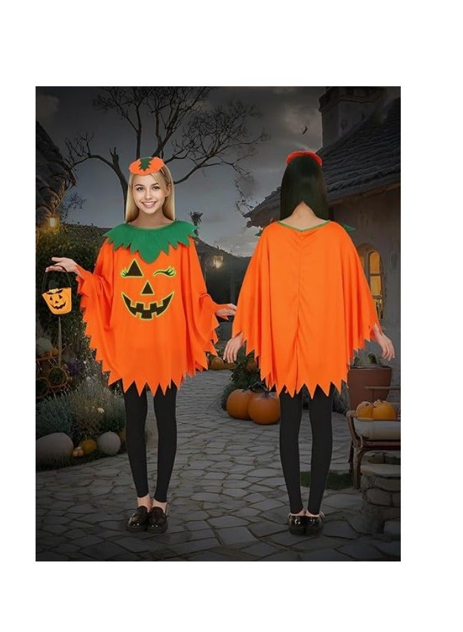CityRiya-Long Women's Halloween Pumpkin 3 Piece Costume Set - Adult Ladies Pumpkin Cape, Headband & Candy Bag, Cute Sexy Halloween Cosplay Outfit - Image 4