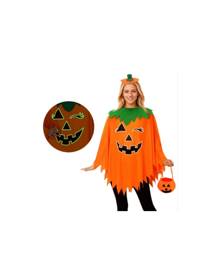 CityRiya-Long Women's Halloween Pumpkin 3 Piece Costume Set - Adult Ladies Pumpkin Cape, Headband & Candy Bag, Cute Sexy Halloween Cosplay Outfit - Image 1