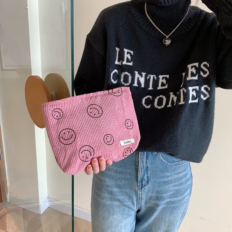 Corduroy Smile Face Makeup Bag Polka Dot Vintage Clutch Pouch Lotus Root Starch Smiley Face 