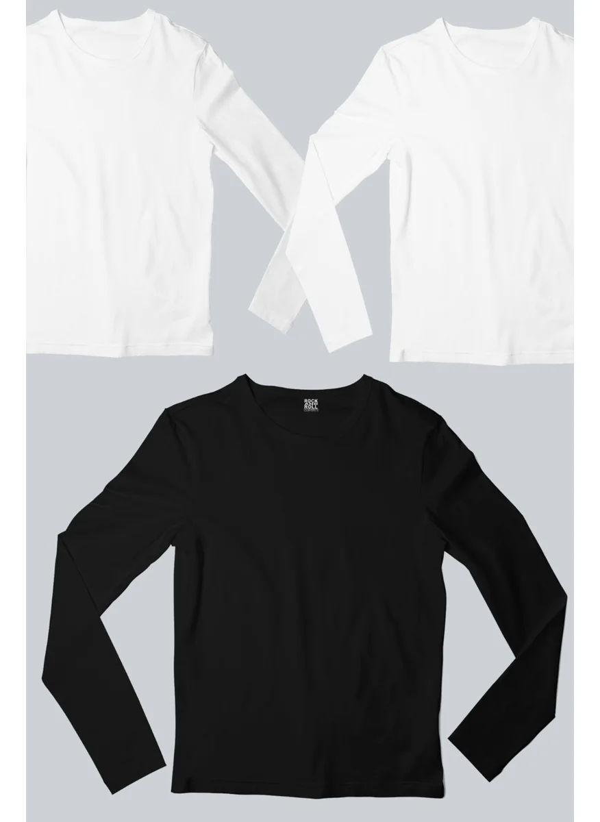 Rock&Roll Plain 2 White, 1 Black Long Sleeve Men's T-Shirt 3-Piece Eco Pack