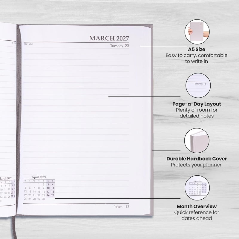 evelay 2025 A4 A5 Day to Page Diary Full Year Planner Desk Hardback Academic Organiser for Home Office School (A5 Page a Day, Light Grey) - Image 4