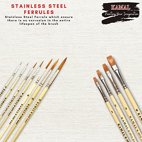 KAMAL® Artist Quality Paint Brush of Golden Taklon Hair Round Set of 7 and Flat Set of 4 Creme Handle - Image 4