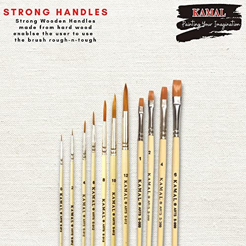 KAMAL® Artist Quality Paint Brush of Golden Taklon Hair Round Set of 7 and Flat Set of 4 Creme Handle - Image 2