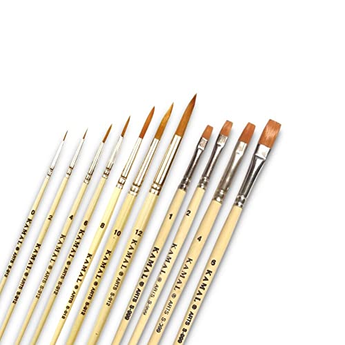 KAMAL® Artist Quality Paint Brush of Golden Taklon Hair Round Set of 7 and Flat Set of 4 Creme Handle - Image 1