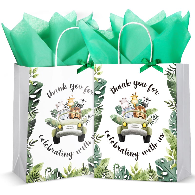 Seajan 24 Pack Baby Shower Jungle Safari Animal Party Favor Bags - 10.63 x 8.27 Inch Medium Size With Handle for Child's Birthday Gender Reveal (Green, Animal) - Image 1