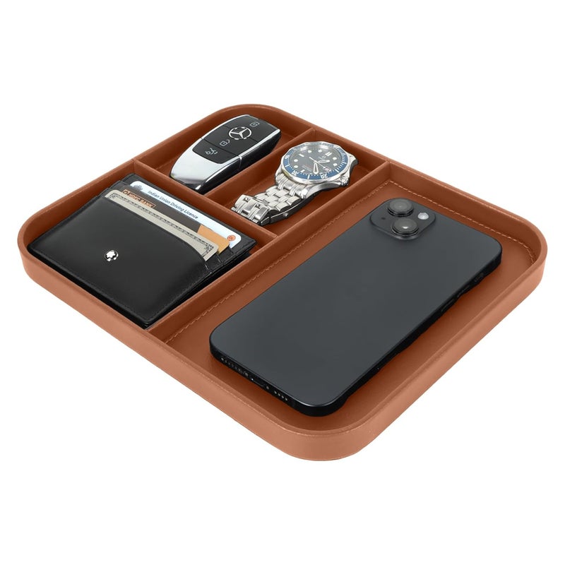 V-CUBE DESIGNS Rectangular Premium Vegan Leather Valet Tray|Stylish & Modern Office Desk Tray| Table/Bedside/Entryway Organiser For Everyday Essentials Like Keys, Phone, Watch, Wallet, Jewellery|Tan - Image 4