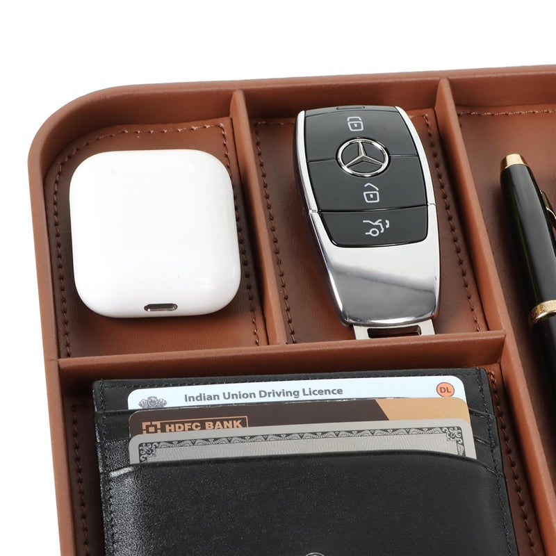 V-CUBE DESIGNS Rectangular Premium Vegan Leather Valet Tray|Stylish & Modern Office Desk Tray| Table/Bedside/Entryway Organiser For Everyday Essentials Like Keys, Phone, Watch, Wallet, Jewellery|Tan - Image 2