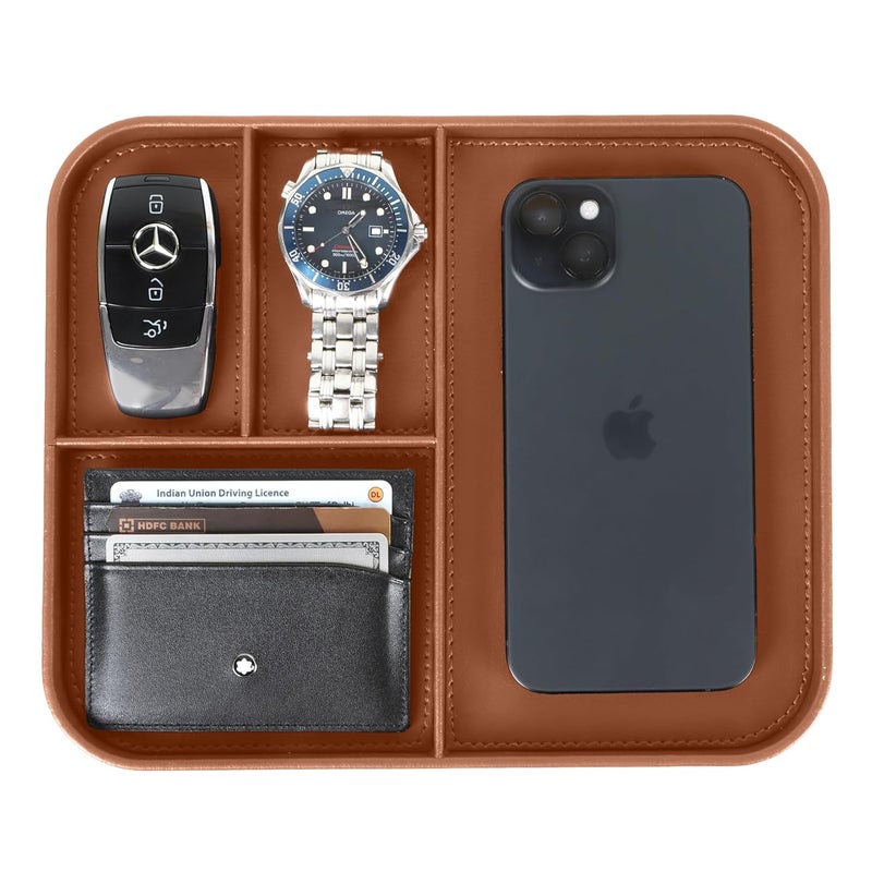 V-CUBE DESIGNS Rectangular Premium Vegan Leather Valet Tray|Stylish & Modern Office Desk Tray| Table/Bedside/Entryway Organiser For Everyday Essentials Like Keys, Phone, Watch, Wallet, Jewellery|Tan - Image 1