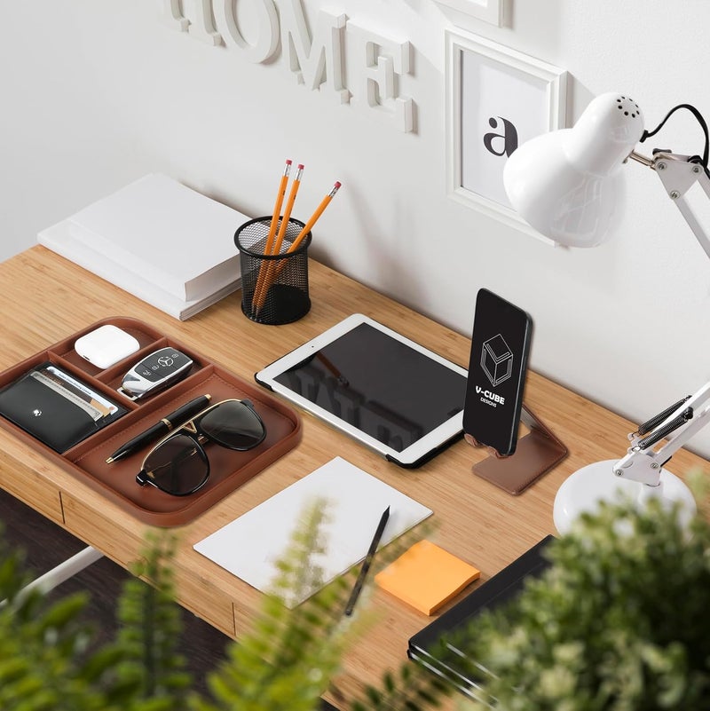 V-CUBE DESIGNS Rectangular Premium Vegan Leather Valet Tray|Stylish & Modern Office Desk Tray| Table/Bedside/Entryway Organiser For Everyday Essentials Like Keys, Phone, Watch, Wallet, Jewellery|Tan - Image 3