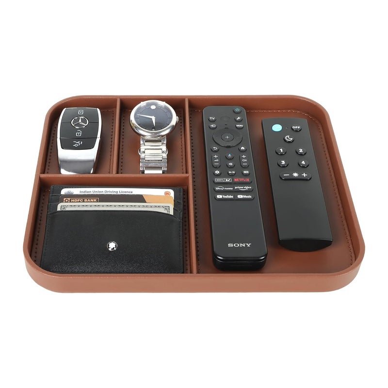 V-CUBE DESIGNS Rectangular Premium Vegan Leather Valet Tray|Stylish & Modern Office Desk Tray| Table/Bedside/Entryway Organiser For Everyday Essentials Like Keys, Phone, Watch, Wallet, Jewellery|Tan - Image 5