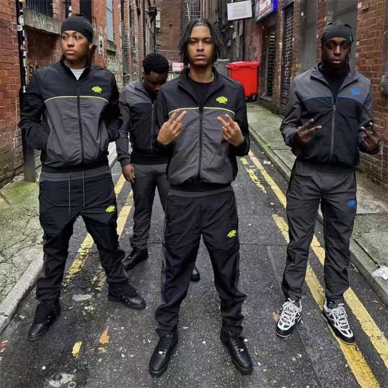 Syna Drill Style American Style Street Hip Hop Embroidered Logo Stitching Collar Windbreaker Jacket Casual Pants Suit - Image 3