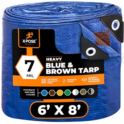 Xpose Safety 6’ x 8’ Heavy Blue/Brown Tarp - Waterproof - 7 Mil Weatherproof Camping Tarp for Tent, Rain, Wind & Sun - Plastic Tarpaulin Cover Outdoor for Roof, Trailer, RV, Car, Boat - Image 1