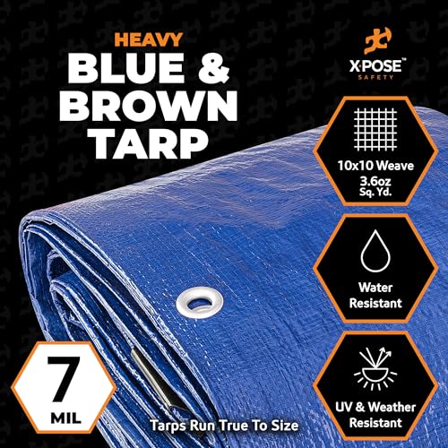 Xpose Safety 6’ x 8’ Heavy Blue/Brown Tarp - Waterproof - 7 Mil Weatherproof Camping Tarp for Tent, Rain, Wind & Sun - Plastic Tarpaulin Cover Outdoor for Roof, Trailer, RV, Car, Boat - Image 2