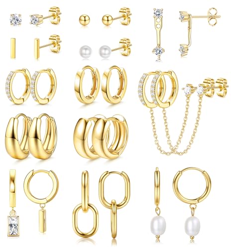 BESTEEL 13 Pairs Small Stud Hoop Earrings Set for Women Hypoallergenic 14K Gold Plated Dainty Huggie Hoops Lightweight Earrings for Gift - Image 1