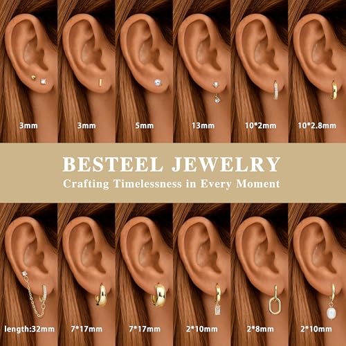 BESTEEL 13 Pairs Small Stud Hoop Earrings Set for Women Hypoallergenic 14K Gold Plated Dainty Huggie Hoops Lightweight Earrings for Gift - Image 3