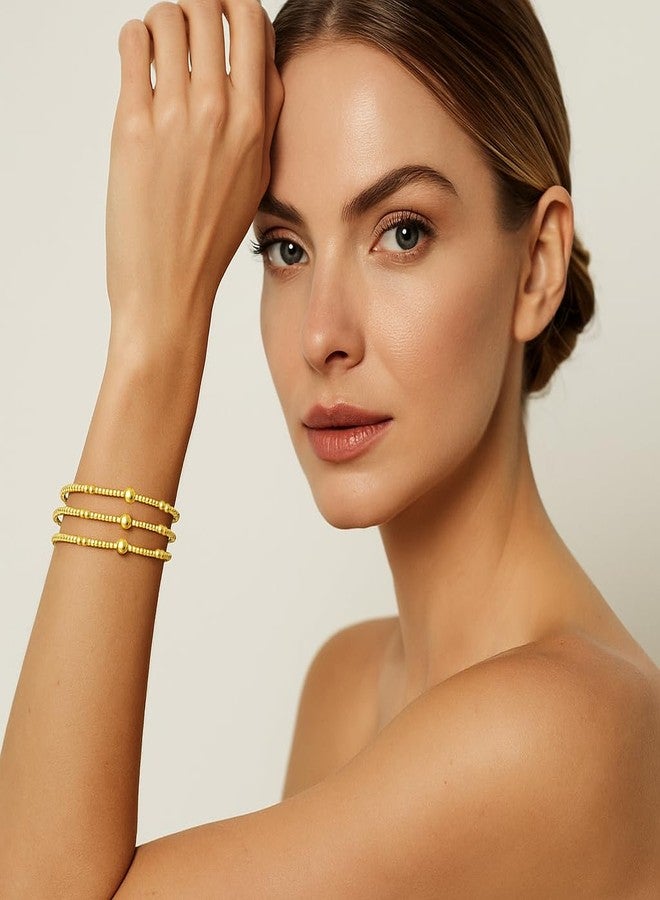 HANRESHE Gold Bead Bracelet Stack 14K Gold Plated Stackable Beaded Stretch Bracelet Set Waterproof Stainless Steel Non Tarnish - Image 3