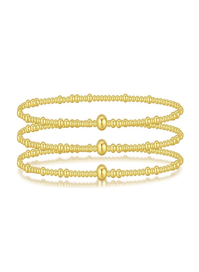 HANRESHE Gold Bead Bracelet Stack 14K Gold Plated Stackable Beaded Stretch Bracelet Set Waterproof Stainless Steel Non Tarnish - Image 1