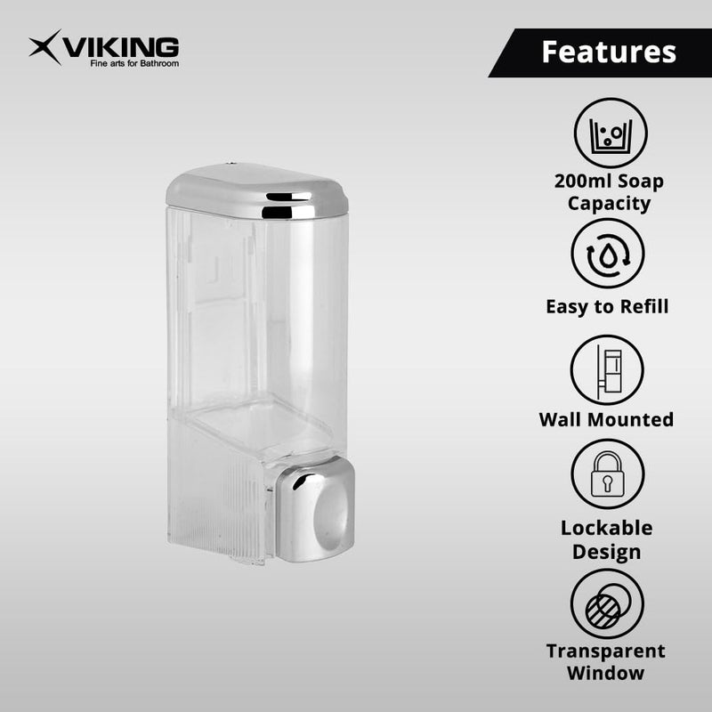 Viking موزع لوشن (سائل) من فيكينغ ABS مثبت على الحائط - سعة سائلة أنيقة 200 مل، تشطيب شفاف - تصميم قابل للقفل، ضروري للحمام والمطبخ - Image 3