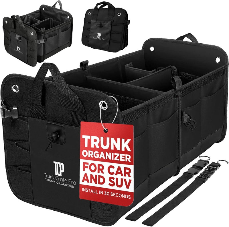 TRUNKCRATEPRO Trunk Organizer For Car, Suv, Truck | Premium Adjustable Multi Compartments Collapsible Car Trunk Organizer With Securing Straps & Non-Slip Bottom (Large Size, Black) - Image 1