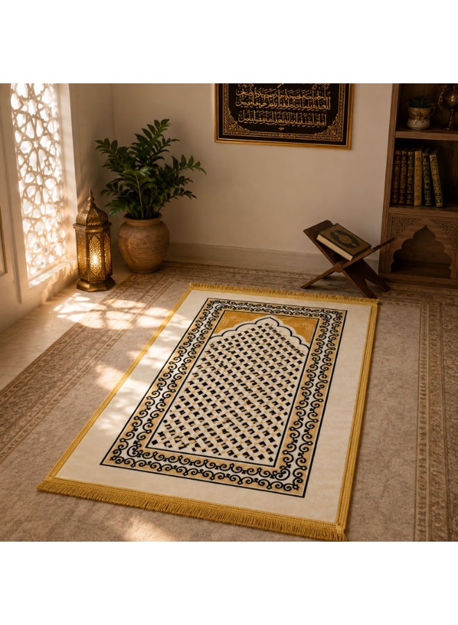 لاكوز سجادة صلاة إسلامية فاخرة (70 × 110 سم) - ناعمة ومريحة، تتميز بنقشة محراب أنيقة وأطراف مزينة بشراشيب، ومصنوعة من نسيج متين مع قاعدة مانعة للانزلاق؛ مناسبة للمنزل والمسجد والسفر - متعددة الألوان. - Image 5