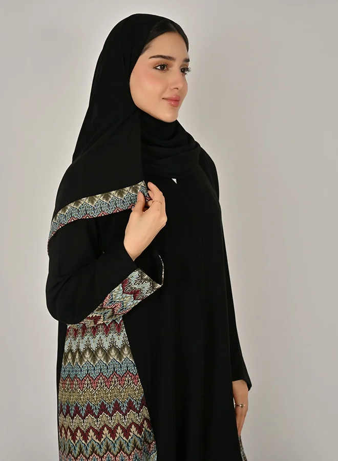 Hawraa Abaya Black Wrap Abaya with Colorful Knit Fabric Side Panels