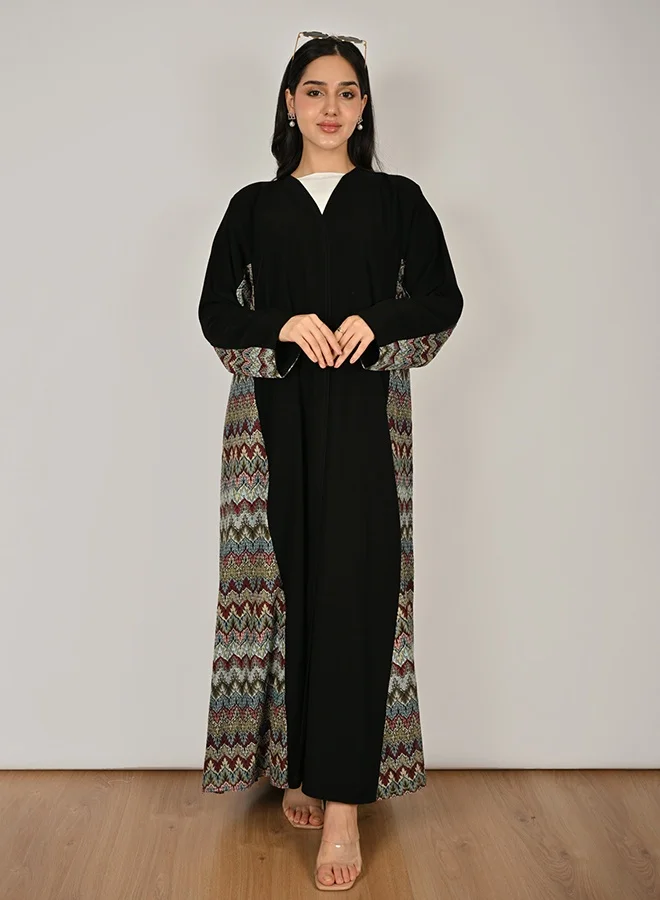 Hawraa Abaya Black Wrap Abaya with Colorful Knit Fabric Side Panels