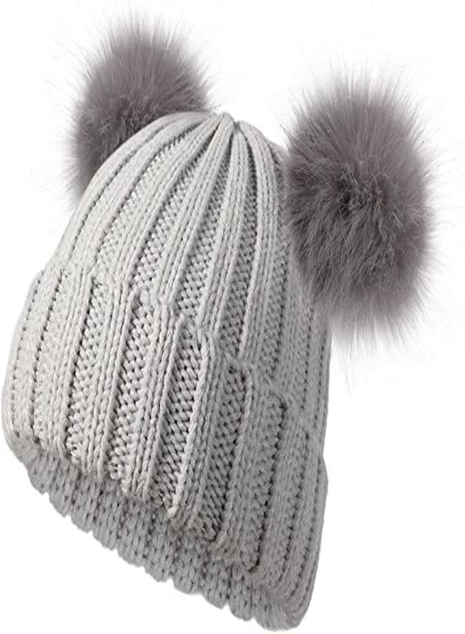Malvina Toddler Double Pom Pom Beanie Baby Girl Winter hat Warm Soft Toddler Cap Cute Kids Knitted Beanie for Baby Boys (Pack of 1) (7-12Years)(Grey) - Image 2