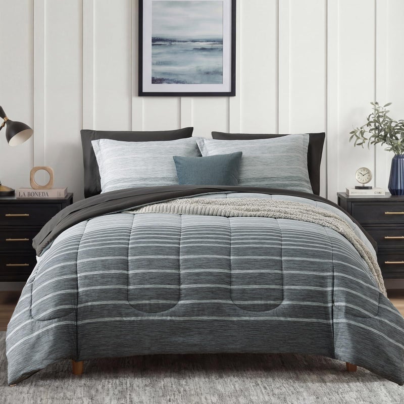Monbix Full Comforter Set - 7 Pieces Bed in a Bag Full, Grey-Stripe Bedding Sets, All Seasons Down Alternative Comforter Bed Set with Sheets, Pillowcases & Shams - Image 1