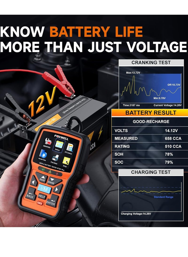 Foxwell 2 in 1 OBD2 Scanner Battery Tester, OBDII Diagnostic Tool Check Engine Car Code Reader, 12V 100-1100CCA Cranking Charging System Alternator Test, Live Data, Full ODB2 Diagnosis - Image 3