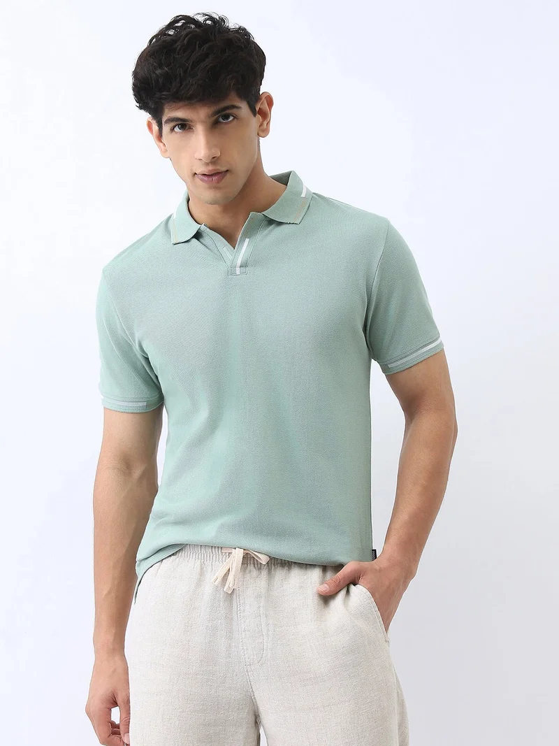 Urbano Fashion  Urbano Fashion Men's Granite Green Solid Regular Fit Half Sleeve Cotton Polo T-Shirt  | Best Price UAE