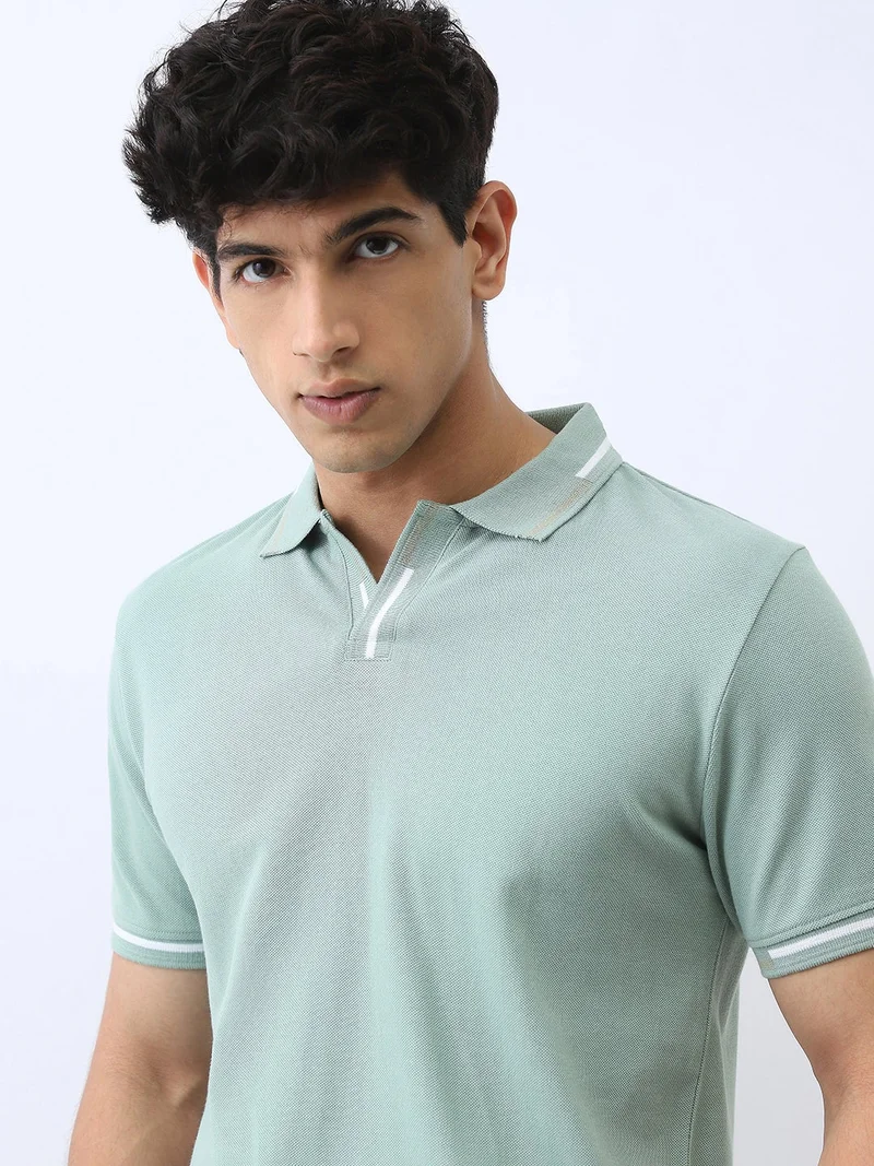 Urbano Fashion  Urbano Fashion Men's Granite Green Solid Regular Fit Half Sleeve Cotton Polo T-Shirt  | Best Price UAE