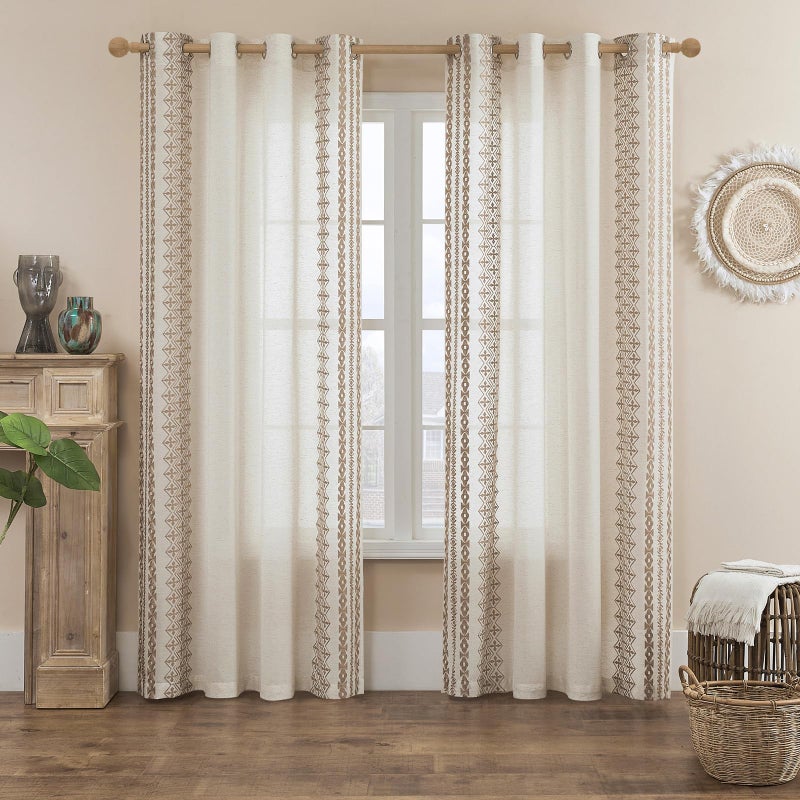 FOLKSIDE Boho Curtains 84 Inches Long 2 Panels set for Living Room Bedroom Grommet Natural Linen Semi Sheer Bohemian Curtains Rustic Embroidered Drapes Neutral Farmhouse Decor, 52x84 Inch Length, Taupe - Image 1
