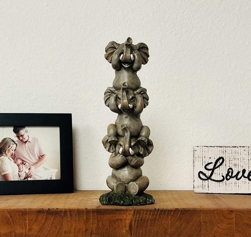 Nature's Mark See Hear Speak No Evil Elephants Totem Statue 9"" Tall Jungle Safari Wildlife Acrobatic Elephants Figurine Decor Sculpture Pole Resin Home Decorative Accent (Gray) - Image 2