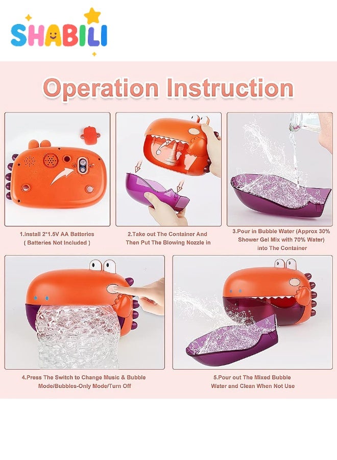 شبيلي لعبة ديناصور حمراء فقاعات الاستحمام للأطفال – ماكينة فقاعات للأطفال للبانيو مع موسيقى وتثبيت قوي – تصدر أغاني مرحة – لعبة استحمام بشكل ديناصور للبنات والأولاد من عمر 1 2 3 سنوات – هدية وقت الاستحمام - Image 5