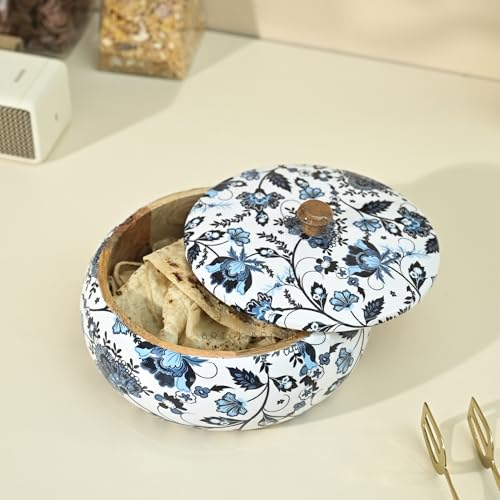 Brick Brown ® Premium Handcrafted Solid Wood Floral Print Roti Casserole for Kitchen | Round Hot Pot, Roti Dabba with Lid | Casserole for Dining, 8.8x8.8x4.3Inch, 1640 ML, Blue - Image 1