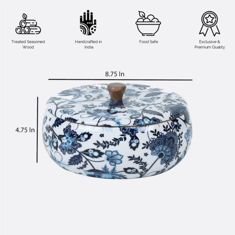 Brick Brown ® Premium Handcrafted Solid Wood Floral Print Roti Casserole for Kitchen | Round Hot Pot, Roti Dabba with Lid | Casserole for Dining, 8.8x8.8x4.3Inch, 1640 ML, Blue - Image 3