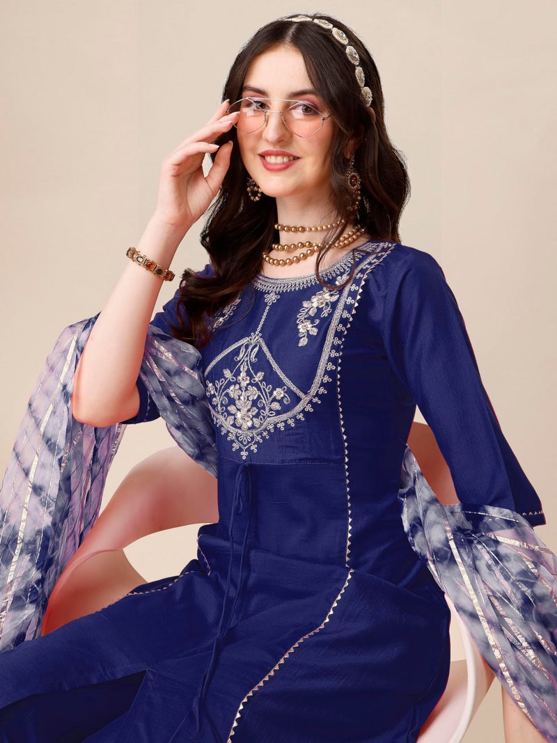 EthnicJunction Women's Cotton Silk Embroidered A-line Front Slit Kurta Palazzo & Organza Dupatta Set Navy - Image 2
